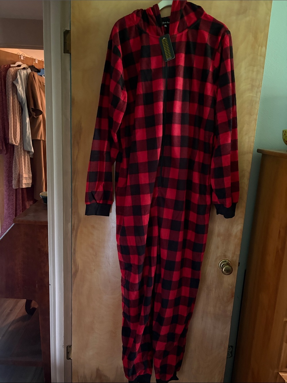 Just Love Adult Red and Black Buffalo Plaid Hooded One-Piece Pajamas